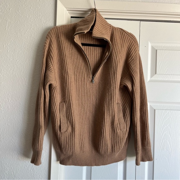 Equipment Cashmere Wool Cozy Ribbed Tan 1/4 Oversized Sweater - Picture 5 of 9